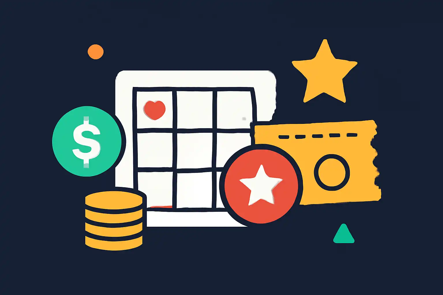 Hero illustration: Daman Lottery, modern flat design, dark background, brand-neutral, icons and shapes only, no text