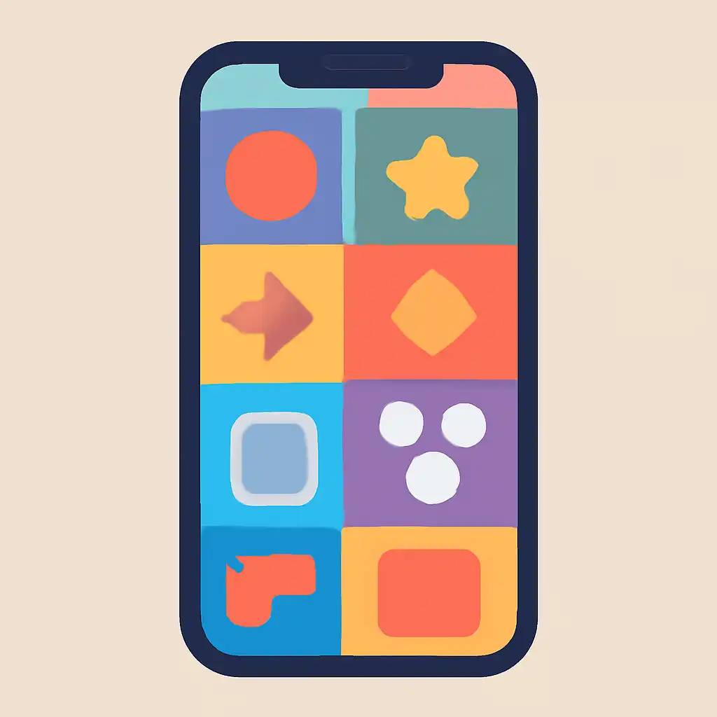 Smartphone shown from the front displaying a colourful flat layout of abstract game icons and rounded tiles (no text, no letters, no labels), Daman Lottery