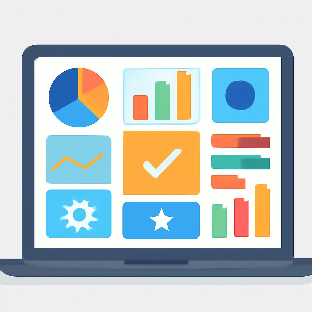 Laptop shown from the front displaying a colourful flat dashboard of abstract charts, bars and icon tiles (no text, no letters, no labels), Daman Lottery