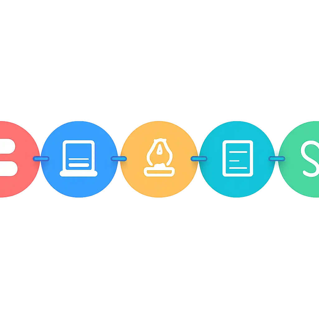 Five numbered circular icons connected by arrows in a horizontal flow, flat illustration, icons only, no words, Daman Lottery steps